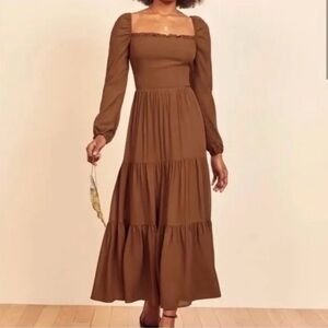 Reformation Kellie Dress - Cinnamon - Size 12 Square Neck Long Sleeve